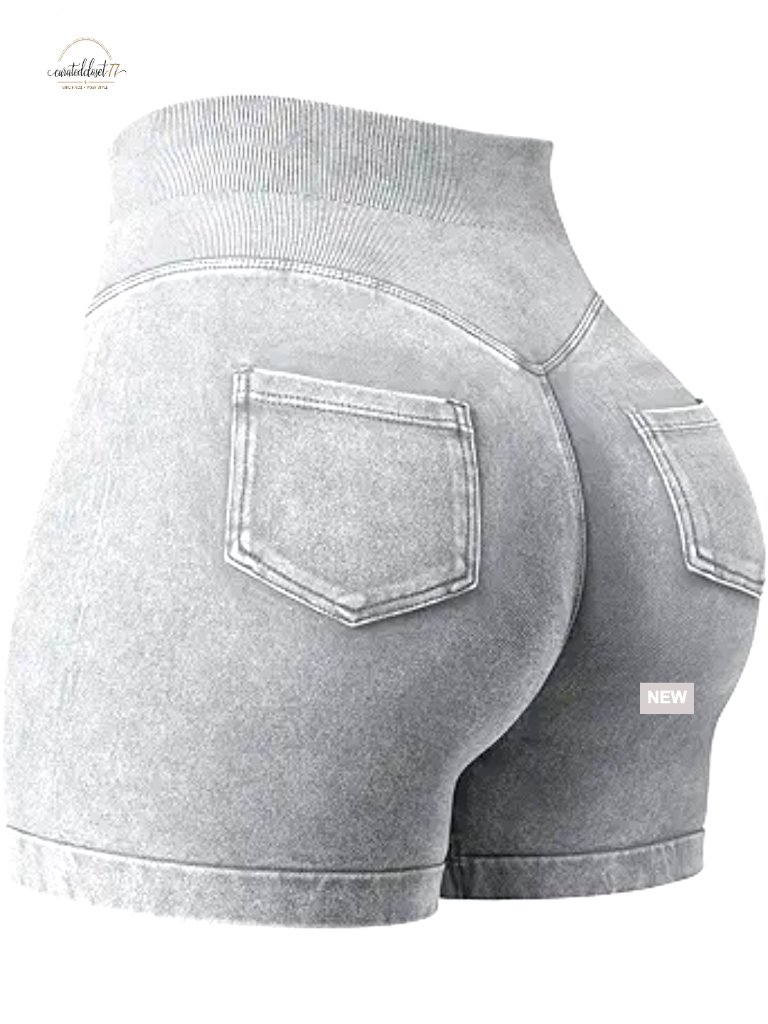 High Waist Faux Denim Biker Shorts With Pockets Seamless Workout Gym
